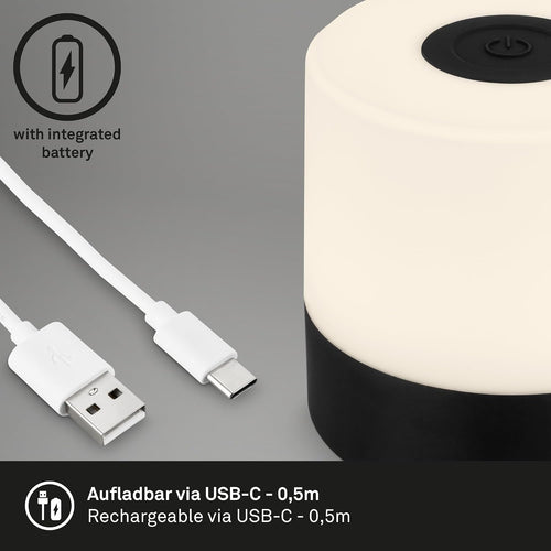 BRILONER – Mini LED Tischlampe Kabellos, Dimmbare Nachttischlampe Touch, Schreibtischlampe, Leselampe, Tischleuchte Outdoor & Indoor, USB-C, Camping Lampe, Warmweißes Licht, 7x7 cm, Schwarz