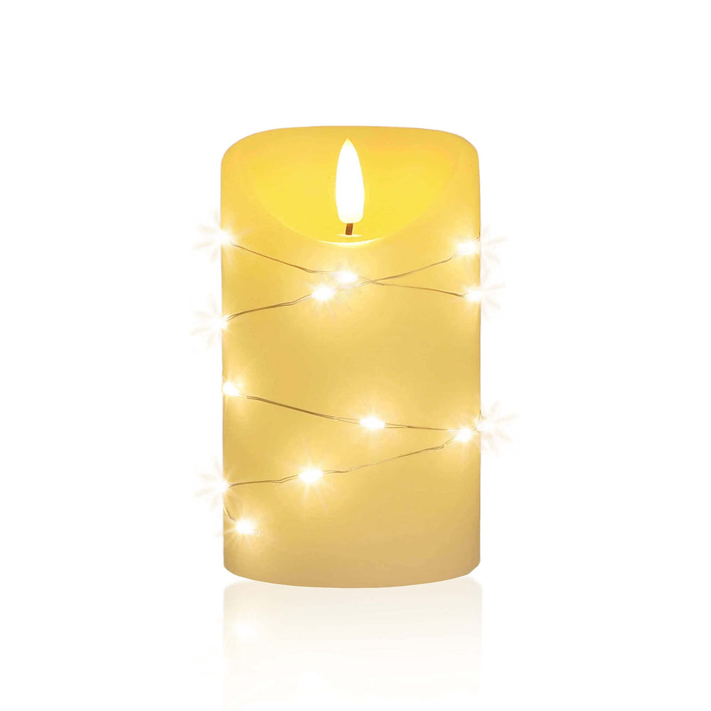LED Universum - LED Kerze Cynthia 10cm, Echtwachskerze umwickelt mit einer LED Lichterkette, cremefarben, warmweißes Licht, 5h Timer, Batteriebetrieben: 2x AA (nicht inklusive) (Cynthia 10 cm)
