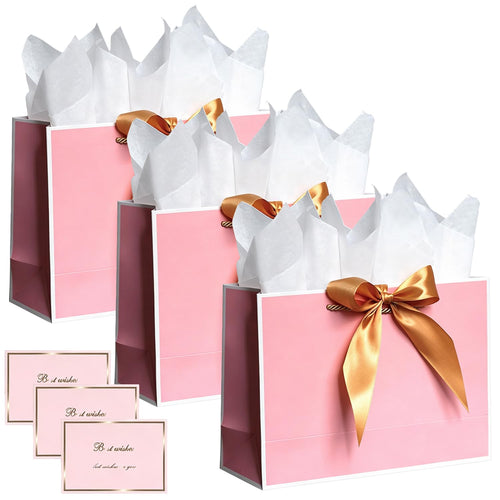 SHUBEIEUMI 3 Geschenktüten 28x20x10cm (Rosa mit schwarzem Rand)
