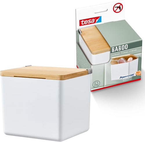 tesa Baboo Badorganizer S mit Bambus-Deckel, matt-weiß - Bad-Aufbewahrungsbox zur Wandmontage ohne Bohren, inkl Powerstrips Waterproof Strips XL - 122 mm x 110 mm x 102 mm