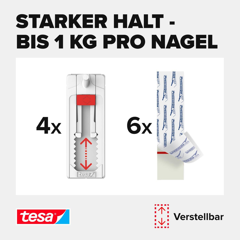 tesa Klebenagel für Tapete & Putz, verstellbar - 4 Nägel inkl. tesa Strips