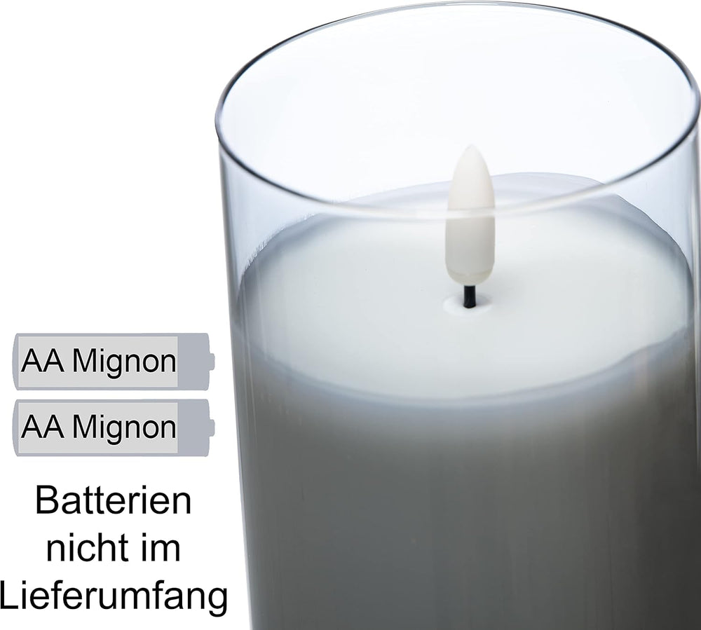 Brandsseller LED Kerze 7,5x10 cm Echtwachs im Glas Warmweiß Flackerfunktion Timerfunktion - Grau