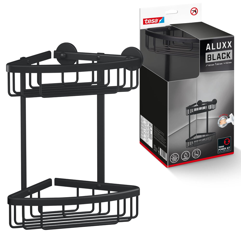 tesa ALUXX BLACK Seifenablage zur Wandmontage ohne Bohren, schwarz matt - für Bäder im Industrial Style und moderne Badezimmer - mit Klebelösung - 135 mm x 46 mm x 95 mm