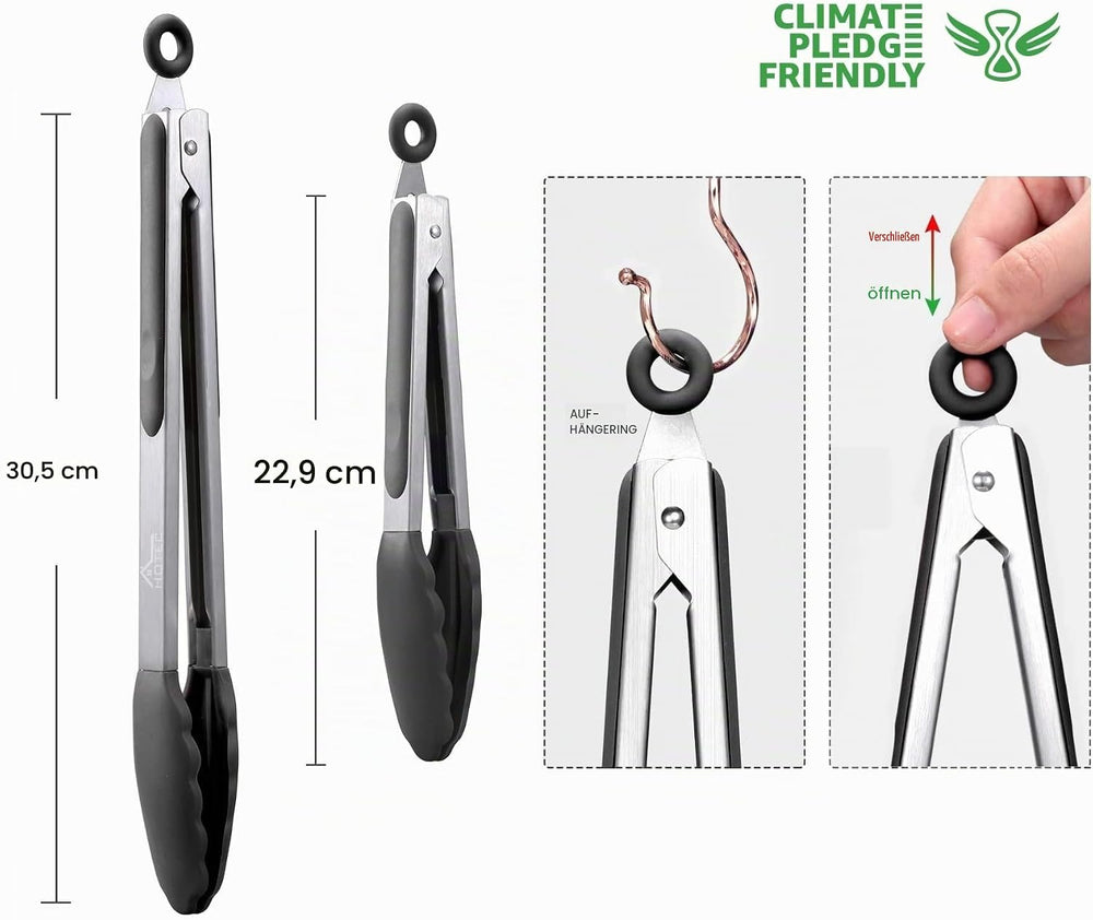 HOTEC Premium-Küchenzange aus Edelstahl, mit Verriegelung, Kochzange mit Silikonspitze, 2er-Set, 22,9 cm und 30,5 cm lange Zangen