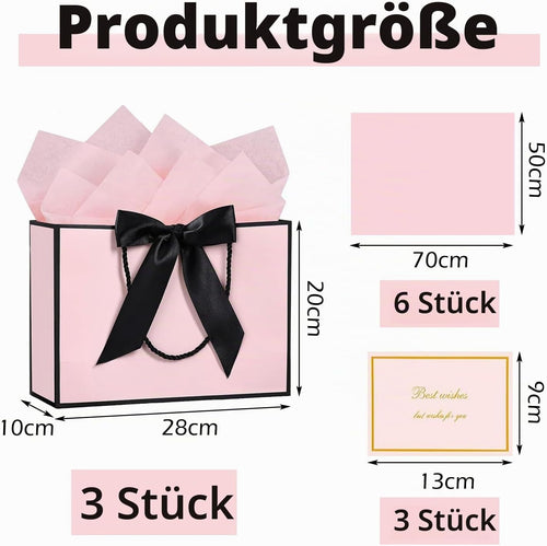 SHUBEIEUMI 3 Geschenktüten 28x20x10cm (Rosa mit schwarzem Rand)