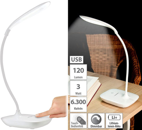 PEARL LED Tischlampe Akku USB: Schwanenhals-Schreibtischleuchte mit 3-Watt-COB-LED & Akku, USB-Ladung (Schreibtischlampe akkubetrieben, Schreibtischlampe, Mac)