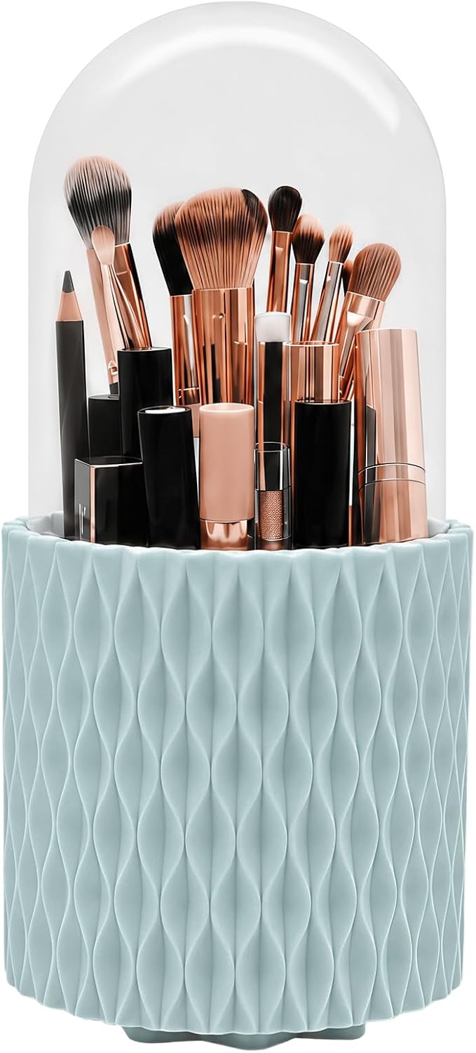 scicent Make Up Kosmetik Organizer, 360 drehbarer Make-up-Pinselhalter, Organizer, transparent, staubdicht Blau