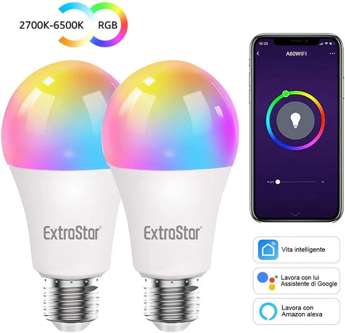 EXTRASTAR LED E27 WLAN-Intelligentes-Birne, 10 W, 1000 LM und 16 Millionen Farben, kompatibel mit Alexa, Google Home 2er-pack