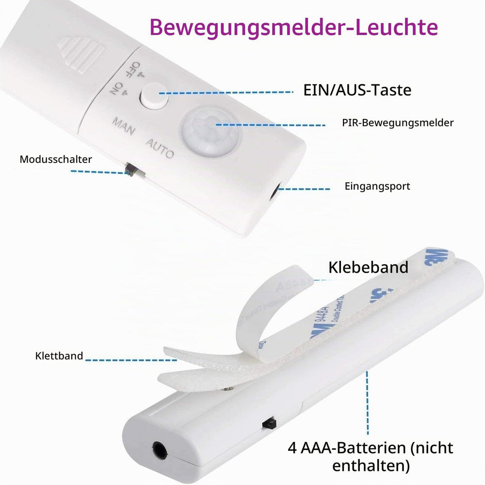LED Strip mit Bewegungsmelder 1M, LED Schrankbeleuchtung Batteriebetrieben Streifen,Warmweiß 3000K Nachtlicht Stripe für Schrank,Treppe, Bett, Babyzimmer, Küche,Bücherregal