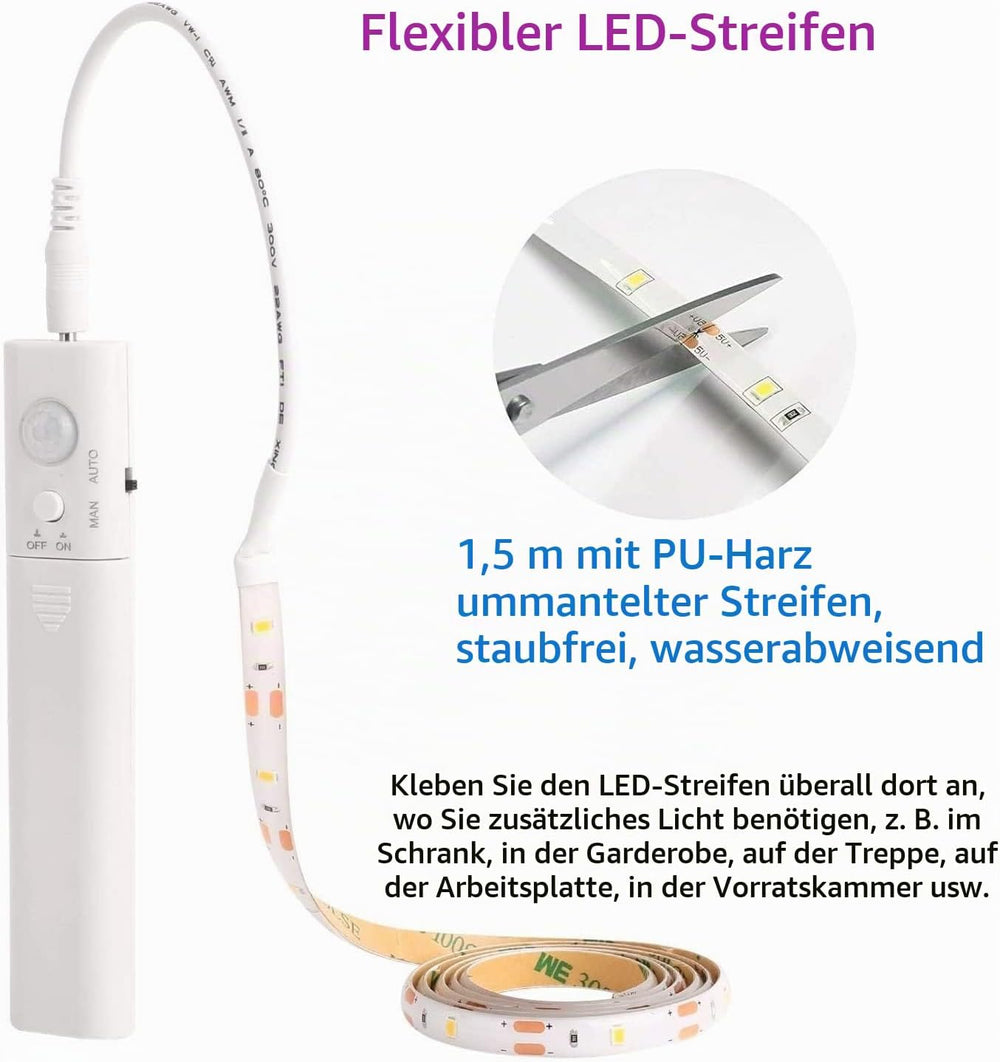 LED Strip mit Bewegungsmelder 1M, LED Schrankbeleuchtung Batteriebetrieben Streifen,Warmweiß 3000K Nachtlicht Stripe für Schrank,Treppe, Bett, Babyzimmer, Küche,Bücherregal