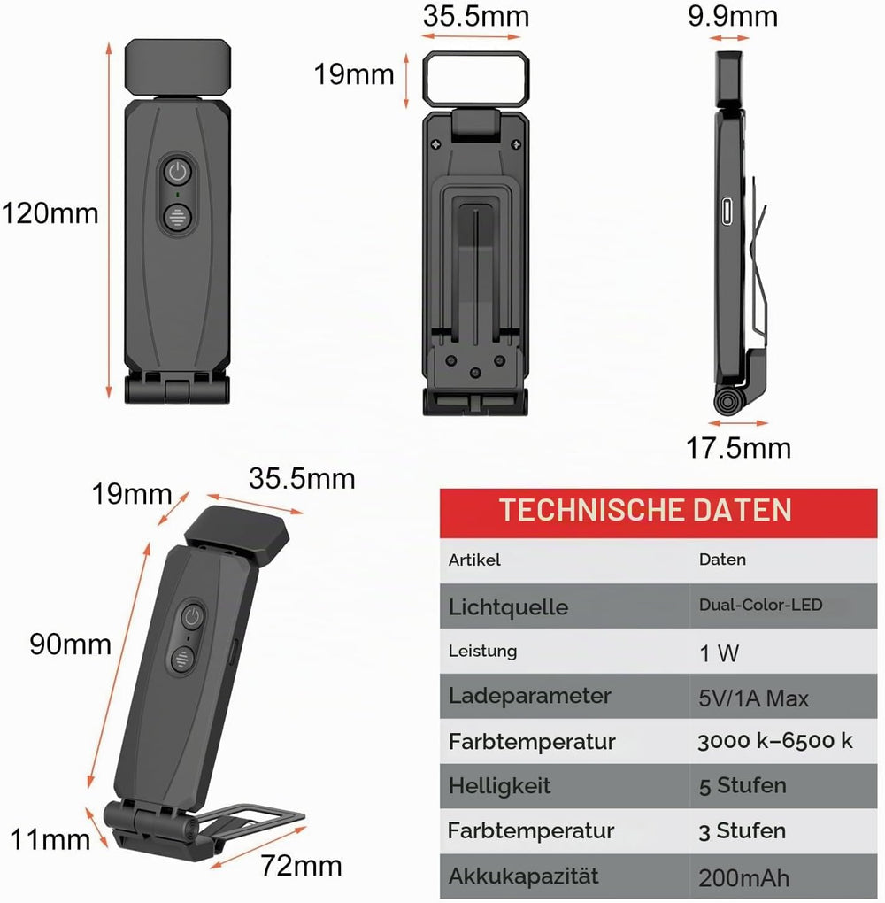 Leselampe mit Klemmen, LED-Licht für Bücher und Bett, USB, wiederaufladbar, 3 Farbmodi und 5 Helligkeitsstufen, Geschenk für Liebhaber