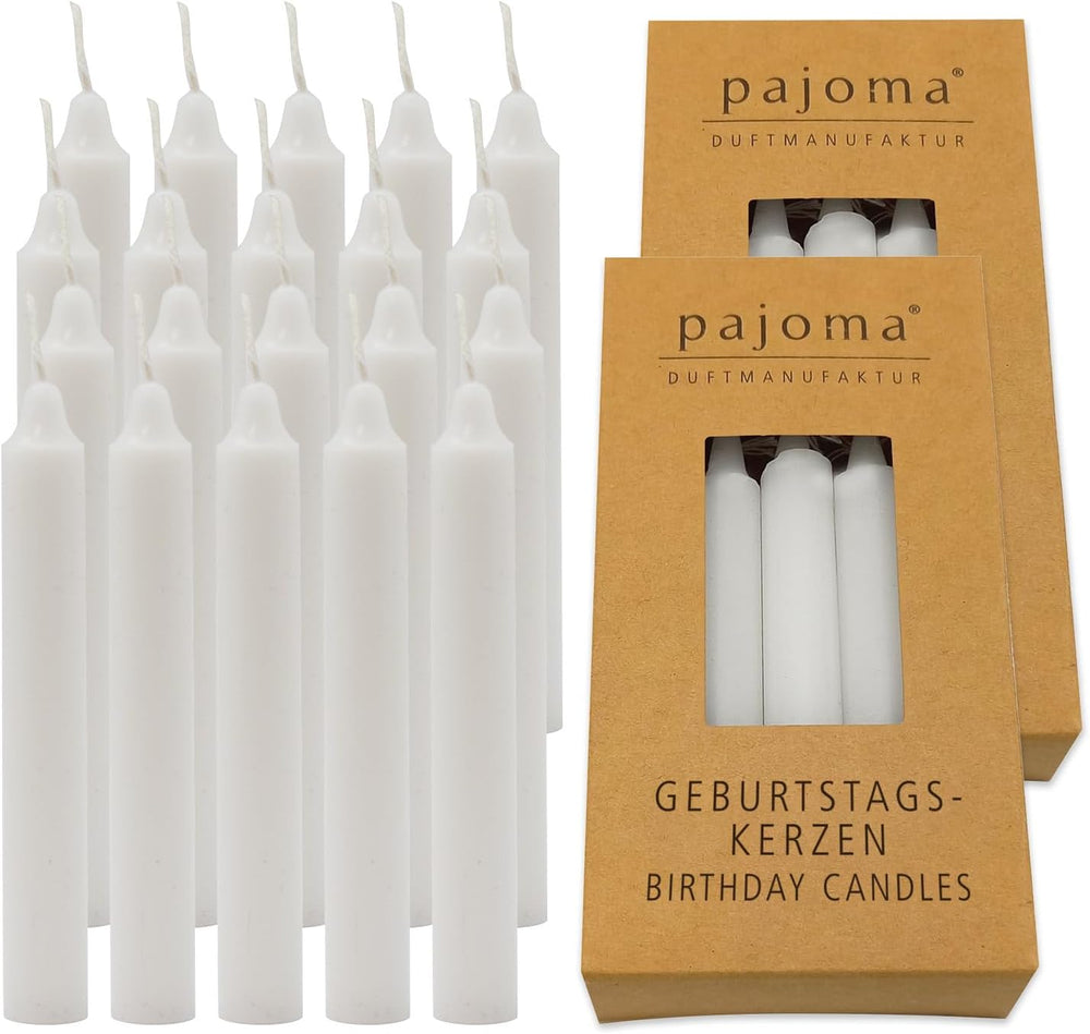 pajoma® 20x Geburtstagskerzen in Weiß - Hochwertige Spitzkerzen | Wachsgewicht: 10g, Brenndauer ca. 1 std. 95 x 13 mm | Premium Stabkerzen
