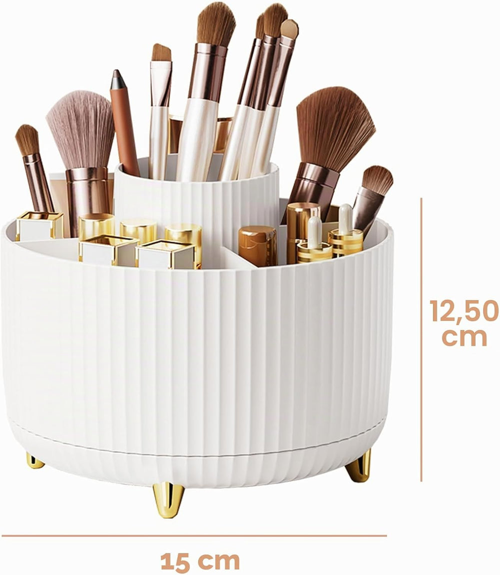 fanado 360 ° drehbarer Make-up-Organizer, Make-up-Pinselhalter, 5 Fächer für Make-up und Hautpflege-Aufbewahrung für Schminktisch, Desktop, Badezimmer (weiß)