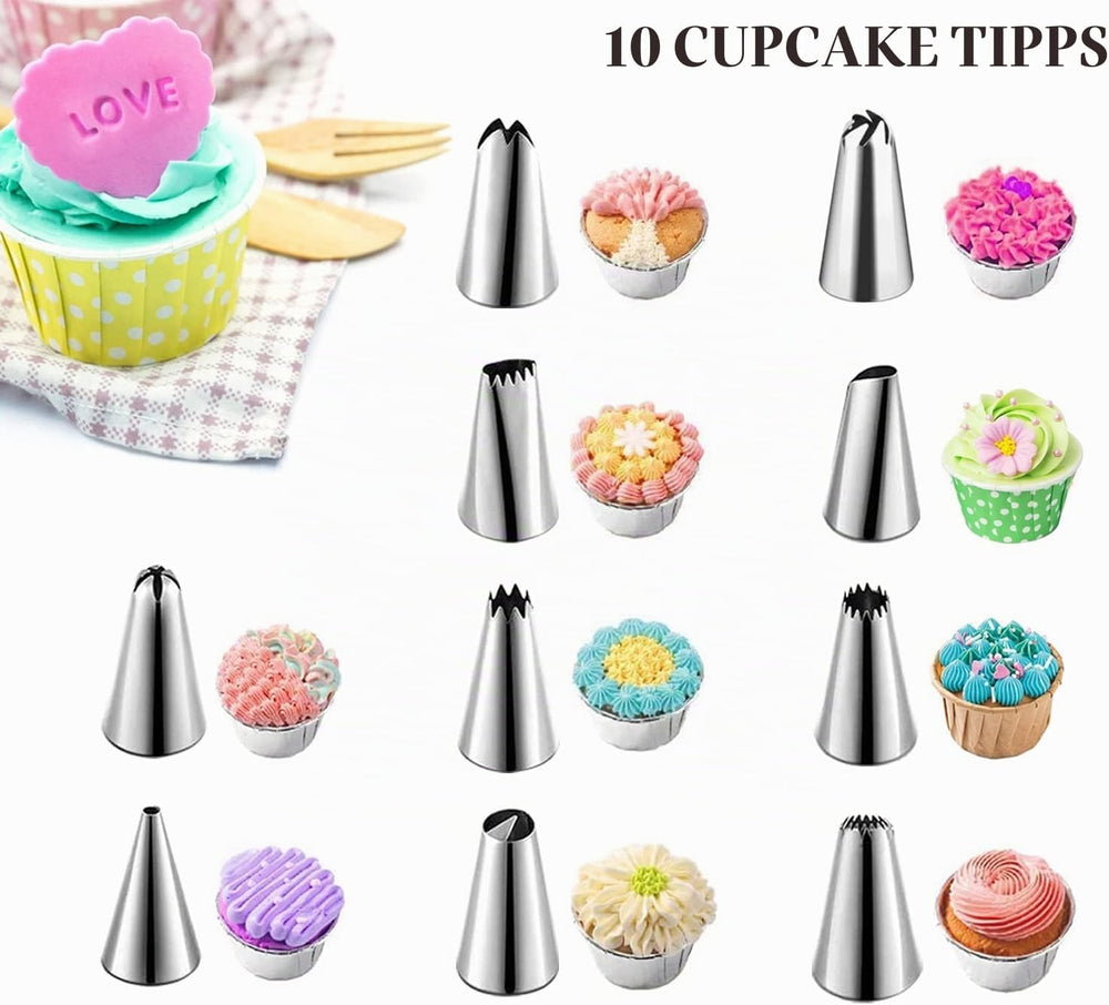 Spritzbeutel mit Tüllen 43 Stück, Spritztüllen Set aus Edelstahl, Wiederverwendbarer Silikon Spritzbeutel, Torten Zubehör für Cupcakes, Kuchen und Torten Dekorieren