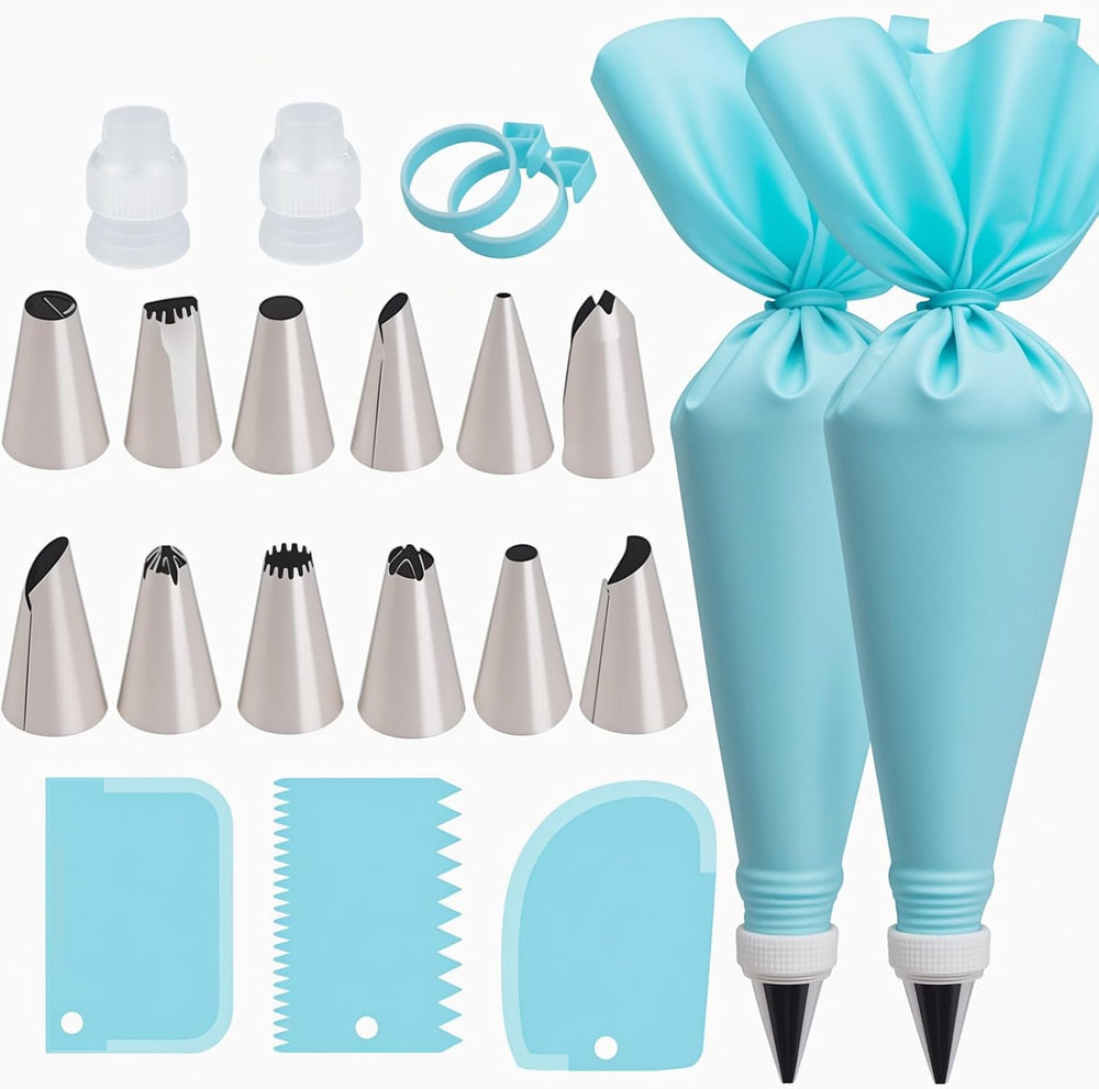 WOFEIS 21-teiliges Spritzbeutel-Set | Premium Torten Dekorationsset für Kuchen, Cupcakes & Kekse | Inkl. 12 Edelstahl-Spritztüllen & reißfesten PE-Einweg-Spritzbeuteln | Profi Backzubehör
