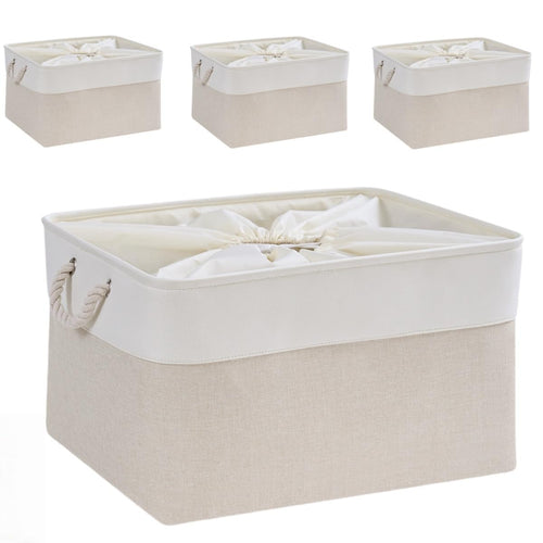 Mangata Aufbewahrungsbox Stoff,Klein Waschbare Aufbewahrungskorb, Korbe in Würfel für Schrank Regal und Kleidung(Hellbeige/Weiß, S, 1 Set)