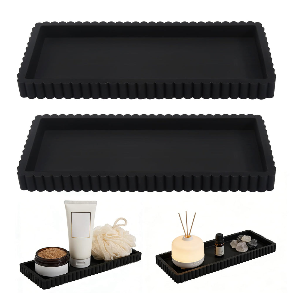 2 Stück Badezimmer Tablett Dekotablett Deko Tablett Schwarz Silikon Ablageschale Kleines Tablett für Waschtisch Badewanne Küchenspüle und Toilette (Rechteck)