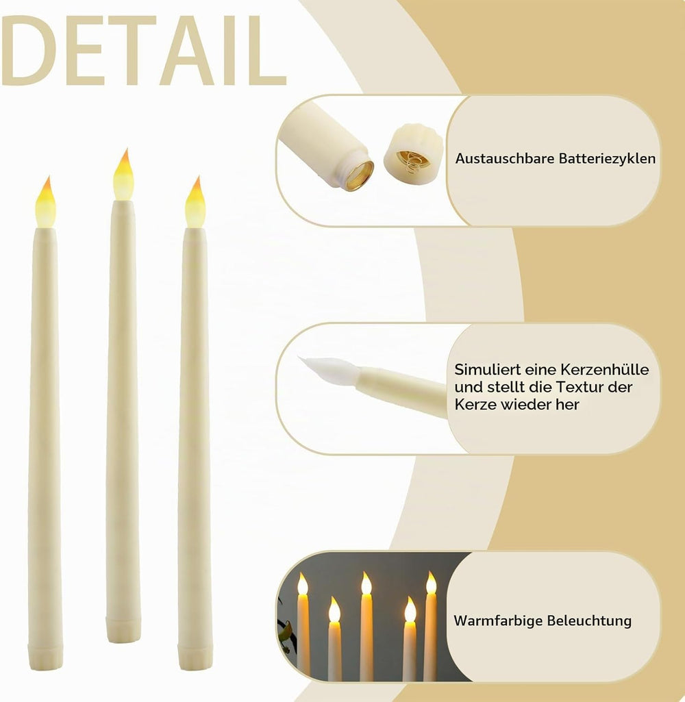6 Stück LED Kerzen Stabkerzen Flammenlose Kerzen LED Spitzkerzen Stabkerzen Tafelkerzen Leuchterkerzen Batteriebetrieben Lang LED Kerzen für Weihnachten Hochzeit Party Tisch Dekoration, Weiß