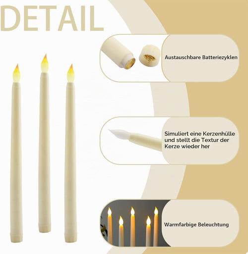 6 Stück LED Kerzen Stabkerzen Flammenlose Kerzen LED Spitzkerzen Stabkerzen Tafelkerzen Leuchterkerzen Batteriebetrieben Lang LED Kerzen für Weihnachten Hochzeit Party Tisch Dekoration, Weiß