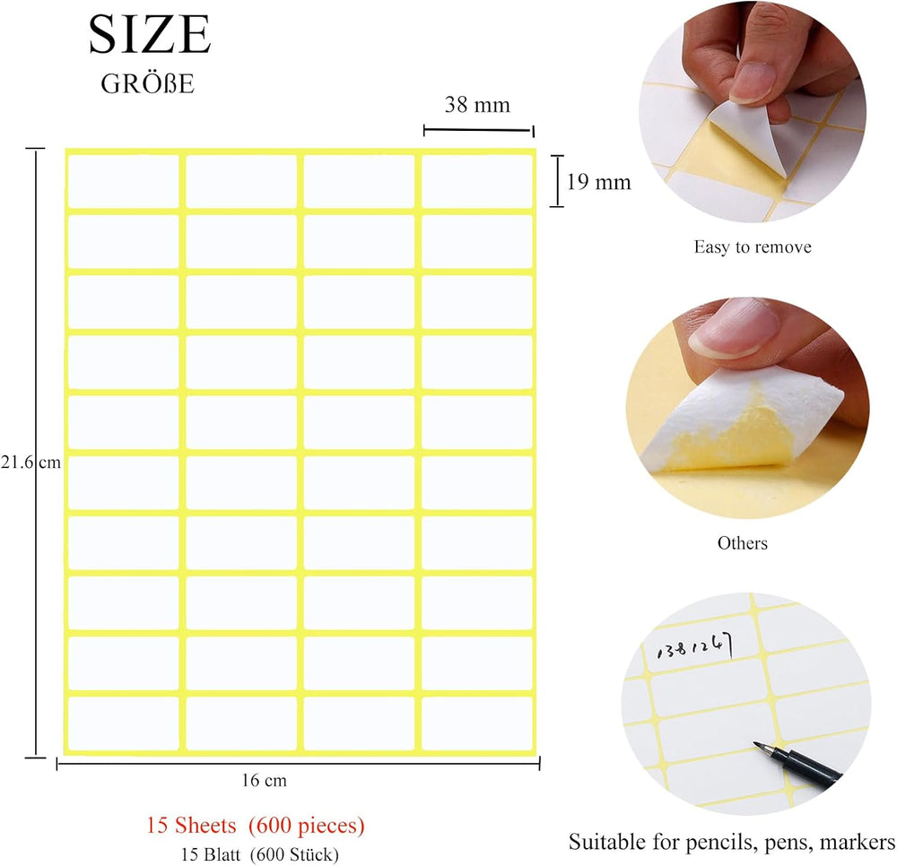 Meekye 600 Stück Etiketten Selbstklebend, 38 x 19 mm Aufkleber zum Beschriften, Universal Klebeetiketten zum Preisschilder, Adress, Haushalt, Tiefkühl Büro Küche und Marmelade Etiketten