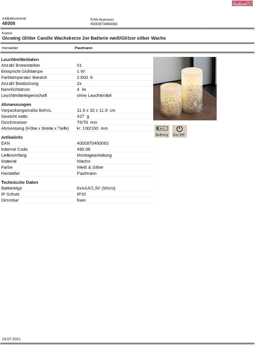 Pauleen 48008 Glowing Glitter Candle Wachskerze 2er Set Echtwachs LED Kerzen, warmweiß, flackernde Flamme Weiß Silber
