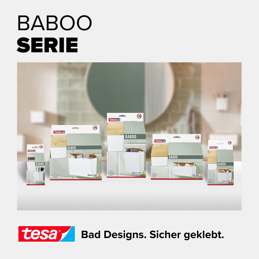 tesa Baboo Badorganizer S mit Bambus-Deckel, matt-weiß - Bad-Aufbewahrungsbox zur Wandmontage ohne Bohren, inkl Powerstrips Waterproof Strips XL - 122 mm x 110 mm x 102 mm