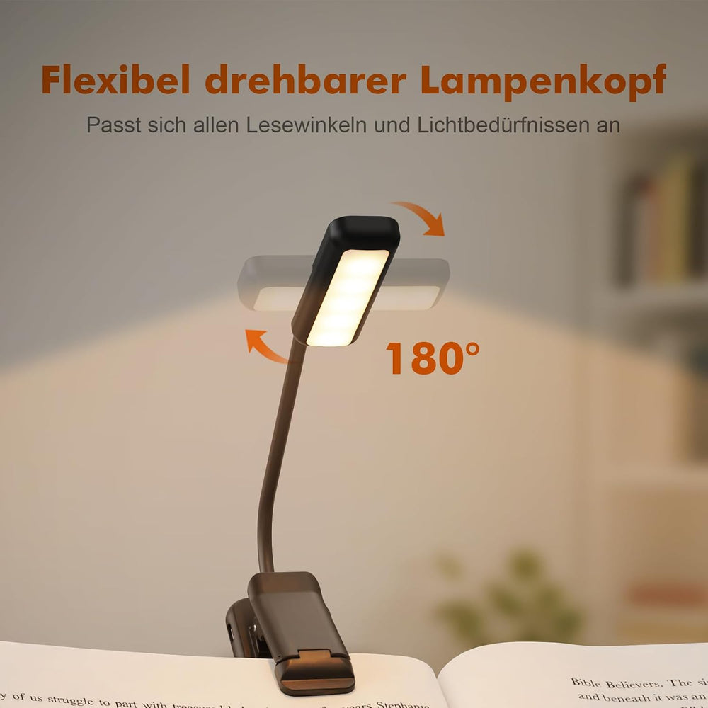 GRIFEMA Leselampe mit Klemme, 10 LEDs, USB C, 180° drehbarer Kopf