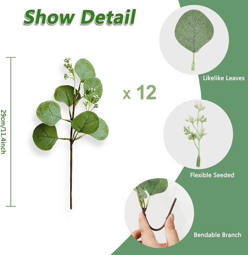 Homcomodar Künstliche Pflanzen Eukalyptus Deko 12Pc Simulation Grüner Eucalyptus Hinterlässt Zweige Silberdollar Eukalyptus Pflanze Bulk für Hochzeit, Garten, Haus, Büro, Indoor Outdoor Dekoration