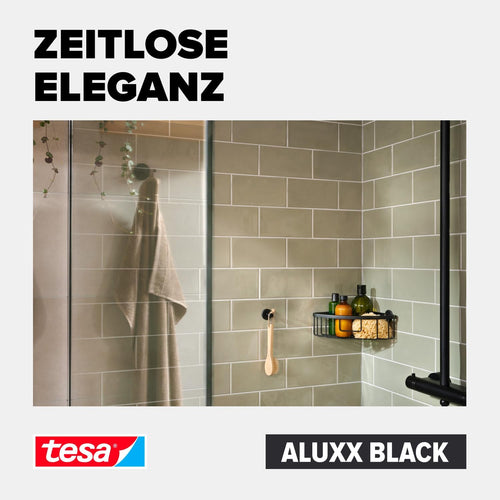 tesa ALUXX BLACK Seifenablage zur Wandmontage ohne Bohren, schwarz matt - für Bäder im Industrial Style und moderne Badezimmer - mit Klebelösung - 135 mm x 46 mm x 95 mm
