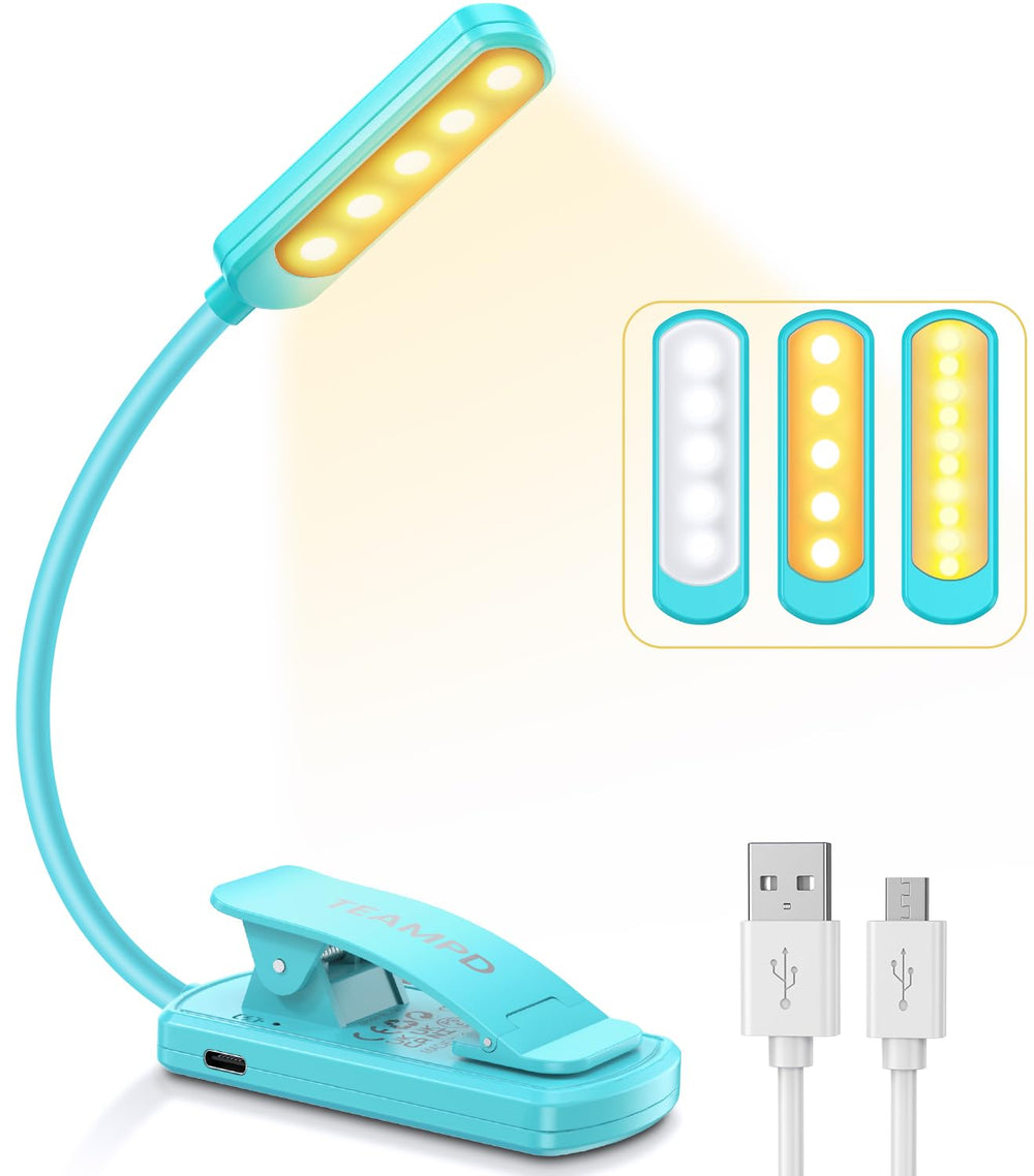 TEAMPD Leselampe Buch Klemme, Buchlampe mit 10 LEDs, 3 Farbtemperatur Modi Dimmbare Helligkeit, Augenschutz Klemmlampe, USB Wiederaufladbare Klemmleuchte, 360° Flexibel für Nachtlesen ins Bett, Reisen