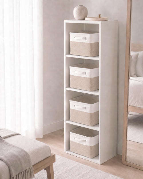Mangata aufbewahrungsbox Stoff, aufbewahrungskorb, Korb aufbewahrung Stoff mit Griffen für Schrank, Spielzeug, kleiderschrank, Regale, Kleidung (Helles Khaki Weiß, klein)