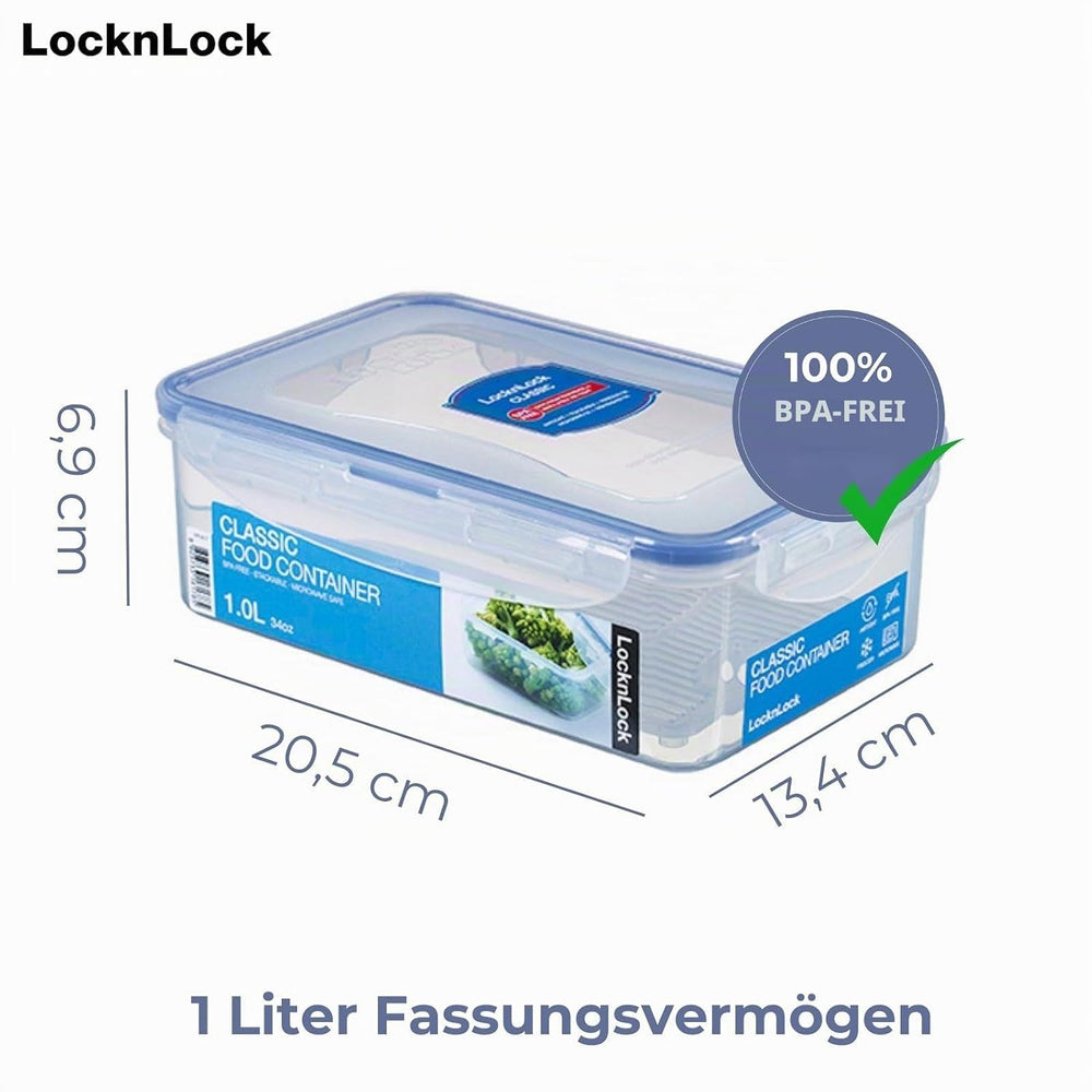 LocknLock PP Classic Vorratsdose mit Ablaufgitter | 1 L | 20,5 x 13,4 x 6,9 cm | 100 % luft- und wasserdicht | Gefrier-& Kühlschrank Organizer | Spülmaschinen-& Mikrowellengeeignet