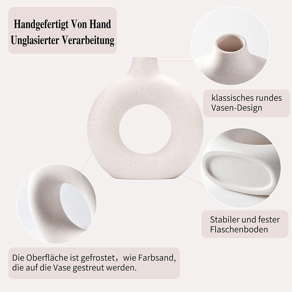 Weiße Donut Keramik Vase Satz von 2 für Moderne Home Decor, Runde Matte Vasen für Pampasgras, Neutral Boho Nordic Minimalismus Stil Blumenvasen（Groß+klein）