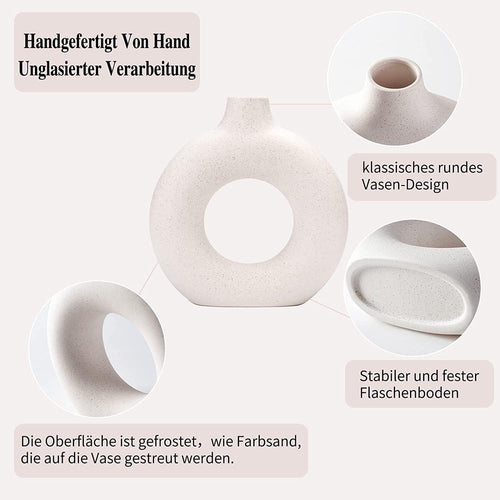 Weiße Donut Keramik Vase Satz von 2 für Moderne Home Decor, Runde Matte Vasen für Pampasgras, Neutral Boho Nordic Minimalismus Stil Blumenvasen（Groß+klein）