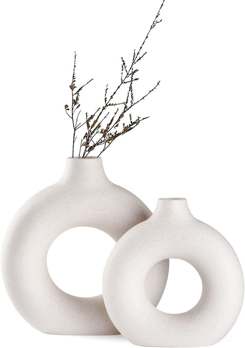 Weiße Donut Keramik Vase Satz von 2 für Moderne Home Decor, Runde Matte Vasen für Pampasgras, Neutral Boho Nordic Minimalismus Stil Blumenvasen（Groß+klein）