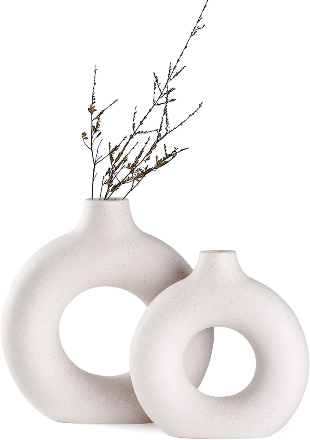 Weiße Donut Keramik Vase Satz von 2 für Moderne Home Decor, Runde Matte Vasen für Pampasgras, Neutral Boho Nordic Minimalismus Stil Blumenvasen（Groß+klein）