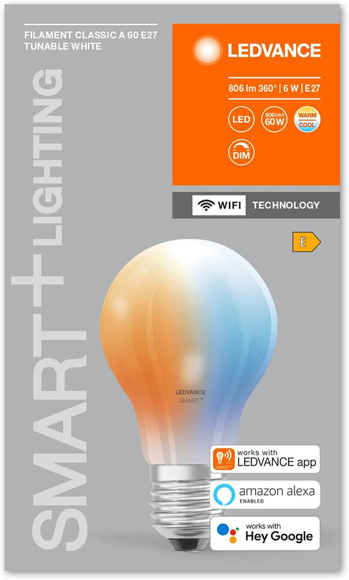 LEDVANCE Smarte LED-Lampe mit WiFi Technologie, Sockel E27, Dimmbar, Lichtfarbe änderbar (2700-6500K), ersetzt Glühlampen mit 60 W, SMART+ WiFi Classic Tunable White, 1er-Pack