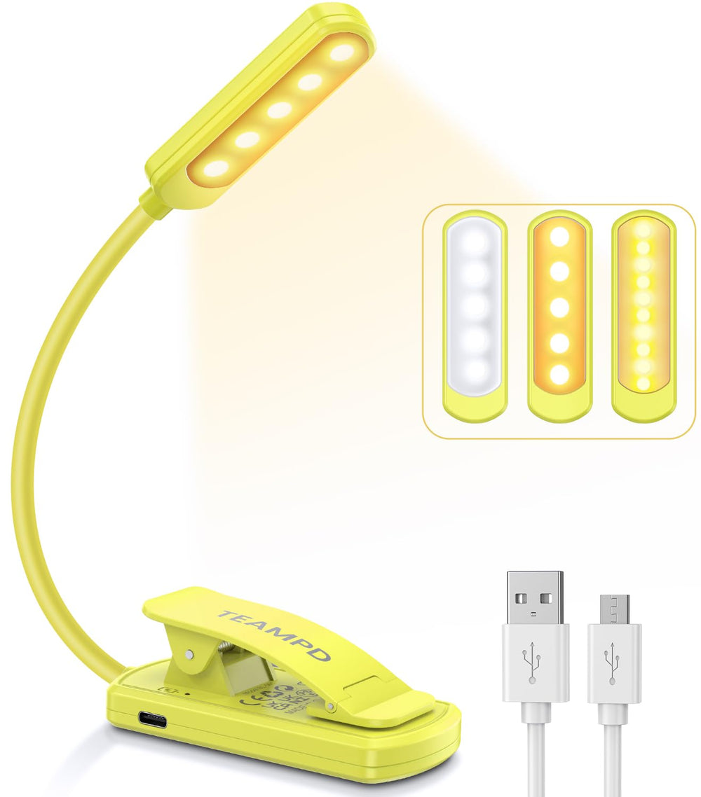 TEAMPD Leselampe Buch Klemme, Buchlampe mit 10 LEDs, 3 Farbtemperatur Modi Dimmbare Helligkeit, Augenschutz Klemmlampe, USB Wiederaufladbare Klemmleuchte, 360° Flexibel für Nachtlesen ins Bett, Reisen