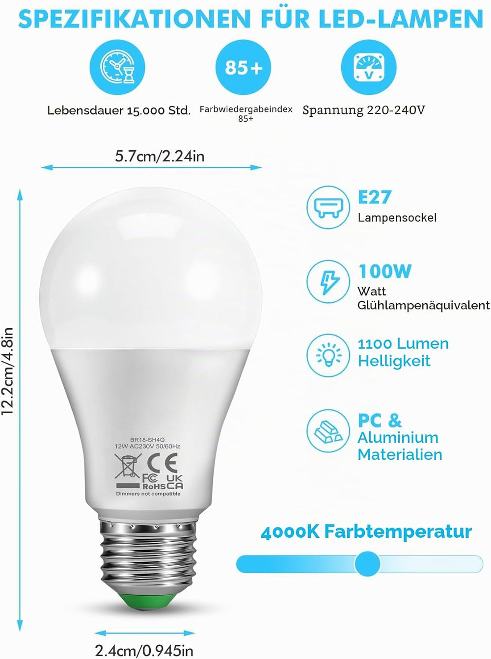 E27 LED Glühbirne – 12W RGB Lampen Farbwechsel Glühbirne mit Fernbedienung 1100 Lumen, Edison E27 Mit Nachtlicht Neutrales Licht 4000K Schraubbirne für Schlafzimmer und Wohnzimmer