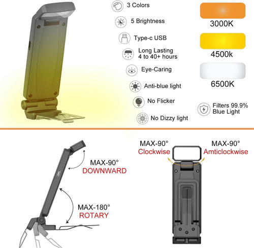 Leselampe mit Klemmen, LED-Licht für Bücher und Bett, USB, wiederaufladbar, 3 Farbmodi und 5 Helligkeitsstufen, Geschenk für Liebhaber