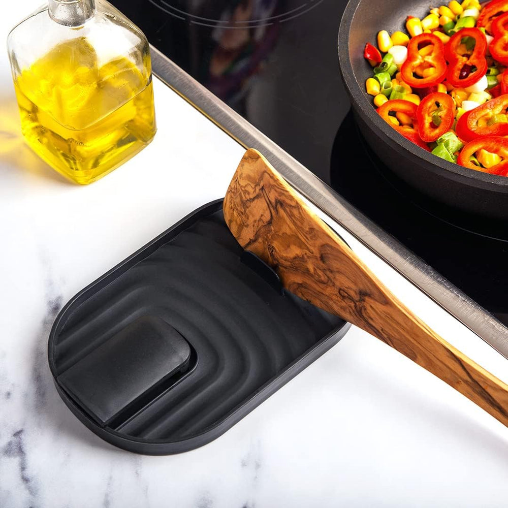 Löffelablage für Ordnung in der Küche - Topfdeckelhalter & Kochlöffelablage in einem - Ablage für Deckel, Utensilien, Pfannenwender, Tablet [schwarz]