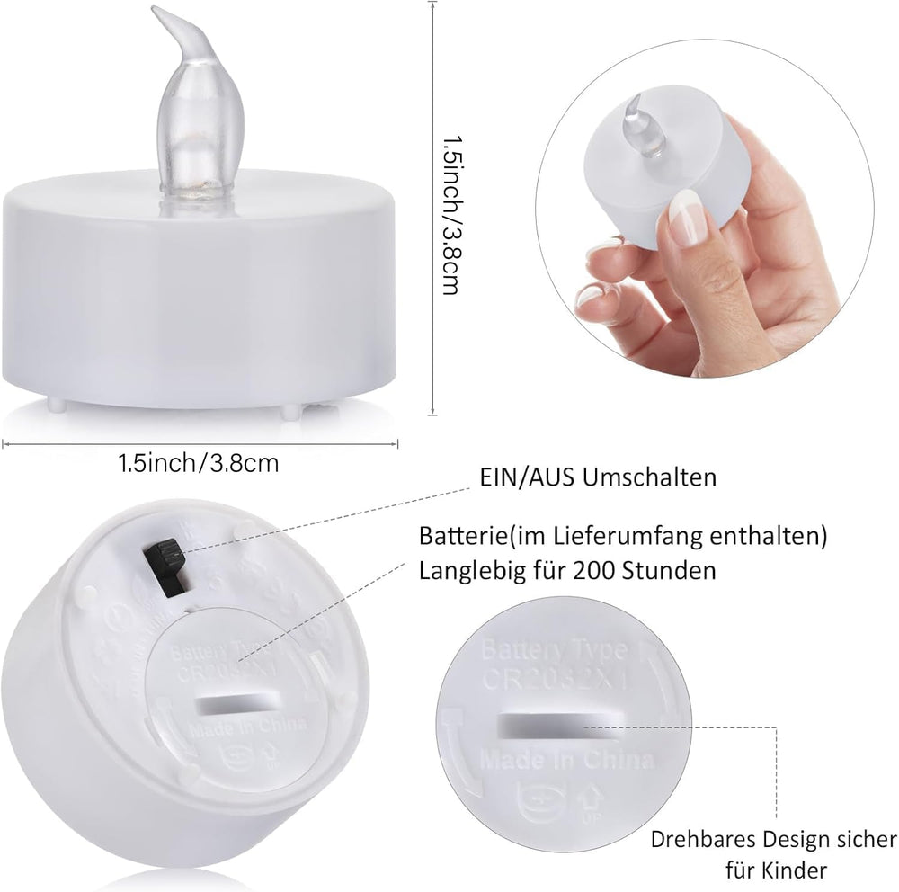 24 Stück LED Teelichter Kerzen, Batteriestart flammenlose realistische hell flackernde elektrische Kerzenlampe, Dose langlebig 200 Stunden Warmweiß, Hochzeiten, Partys ,Festivals，Wohndekoration