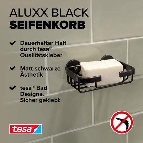 tesa ALUXX BLACK Seifenablage zur Wandmontage ohne Bohren, schwarz matt - für Bäder im Industrial Style und moderne Badezimmer - mit Klebelösung - 135 mm x 46 mm x 95 mm