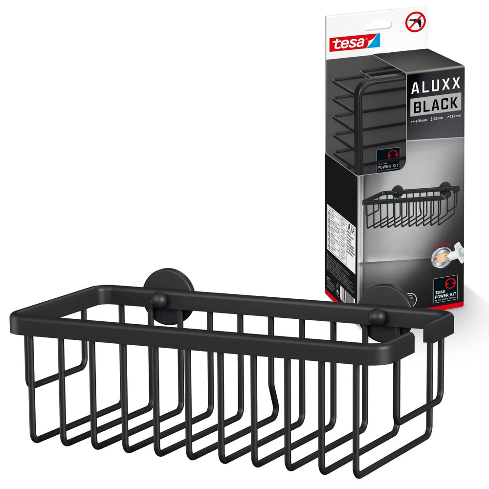 tesa ALUXX BLACK Seifenablage zur Wandmontage ohne Bohren, schwarz matt - für Bäder im Industrial Style und moderne Badezimmer - mit Klebelösung - 135 mm x 46 mm x 95 mm