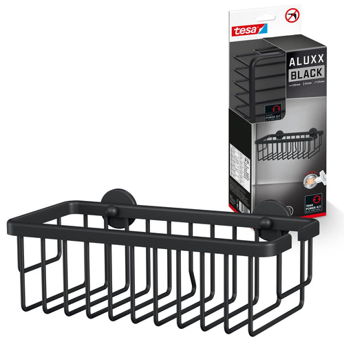 tesa ALUXX BLACK Seifenablage zur Wandmontage ohne Bohren, schwarz matt - für Bäder im Industrial Style und moderne Badezimmer - mit Klebelösung - 135 mm x 46 mm x 95 mm