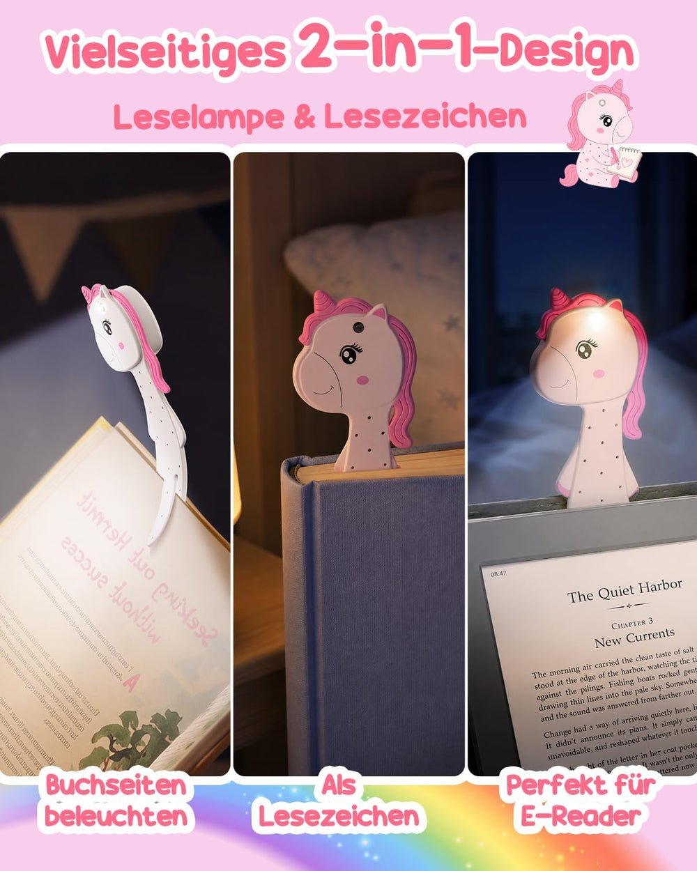 Einhorn Geschenke für Mädchen Leselampe Kinder Lesezeichen 2 in 1
