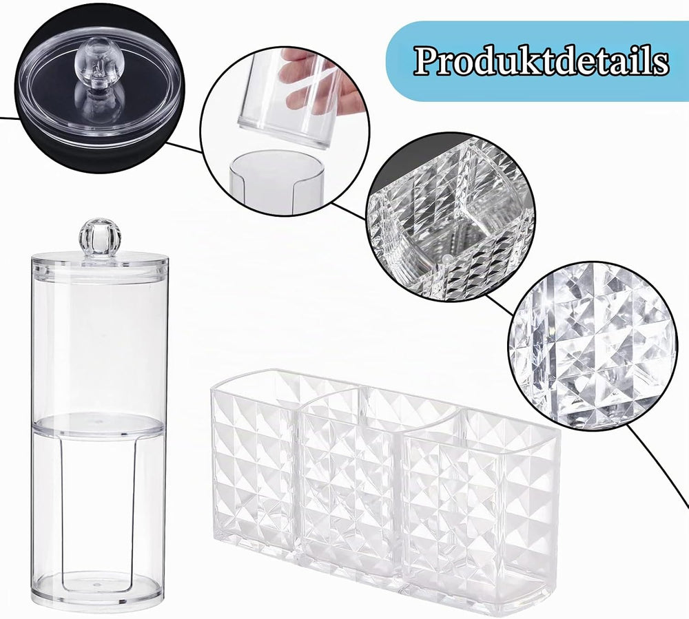 Kosmetik Organizer mit 3 Fächern, Glas Wattestäbchen Behälter Schminke Aufbewahrung, Pinselhalter, Make Up Organizer, Für Badezimmer & Schminktisch
