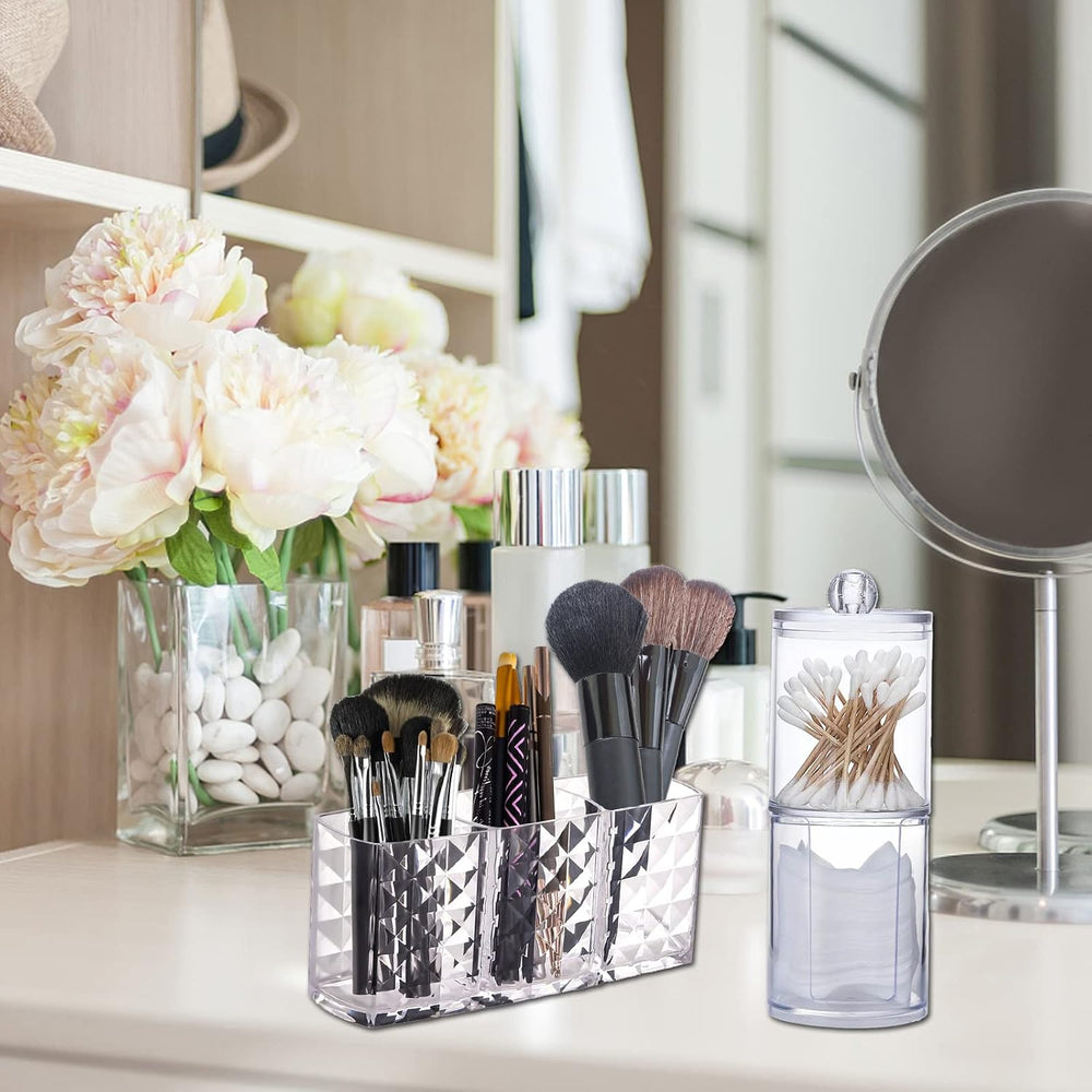 Kosmetik Organizer mit 3 Fächern, Glas Wattestäbchen Behälter Schminke Aufbewahrung, Pinselhalter, Make Up Organizer, Für Badezimmer & Schminktisch