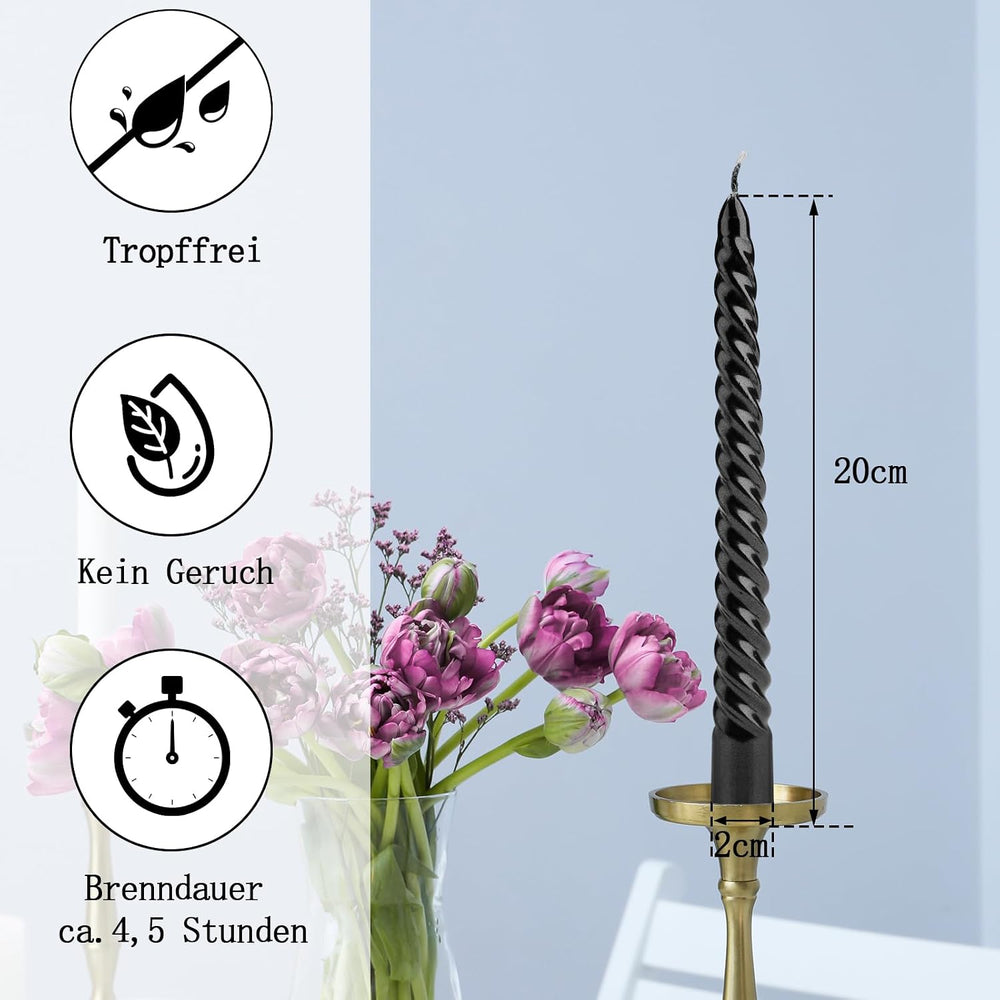 Bolosa 4 Stück Spiralkerzen Schwarz, Spitzkerzen, Lange Kerzen, Aesthetic, Dinner Kerzen Gedreht