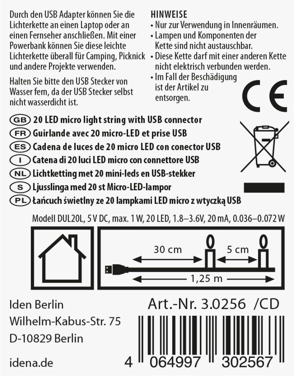 Idena Micro Lichterkette Innen 20 LEDs in Warmweiß, 1,25 m, 5 Stück
